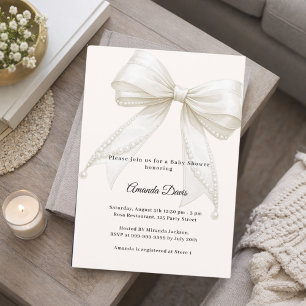 Bow neutral ivory pearls luxury Baby Shower Invitation