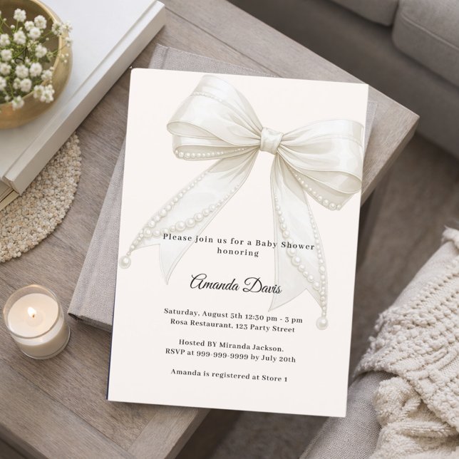 Bow neutral ivory pearls luxury Baby Shower Invitation (Creator Uploaded)