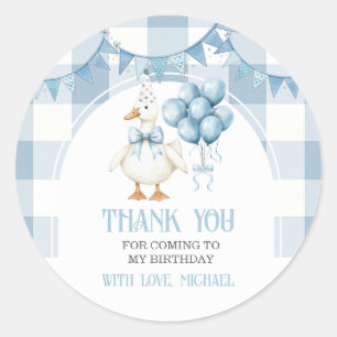 Bow One Silly Goose 1st Birthday Blue Gingham Classic Round Sticker