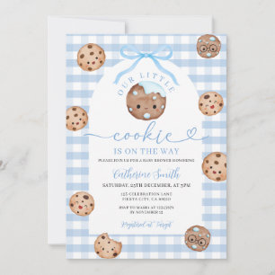 Bow Our Little Cookie Baby Shower Blue Gingham Invitation