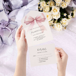 Bow pink beige cream birthday rsvp all in one invitation