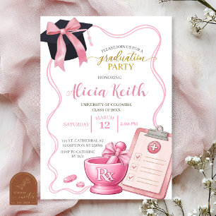 Bow Pink Coquette Girl RX Pharmacy Graduation Part Invitation