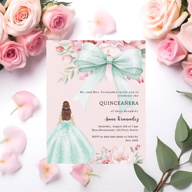 Bow pink floral green dress Quinceanera invitation (Creator Uploaded)