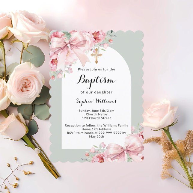 Bow pink florals arch cross sage green baptism invitation (Creator Uploaded)