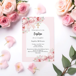 Bow pink florals arch gold cross girl baptism invitation