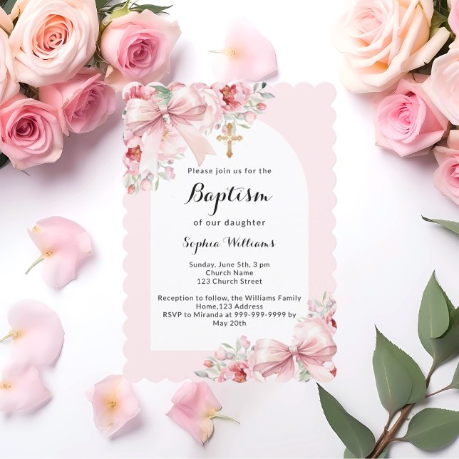 Bow pink florals arch gold cross script baptism invitation (Creator Uploaded)