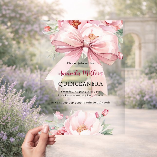 Bow pink florals clear Quinceanera Acrylic Invitations (Creator Uploaded)