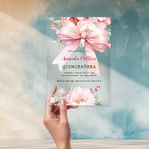 Bow pink florals clear Quinceanera Acrylic Invitations