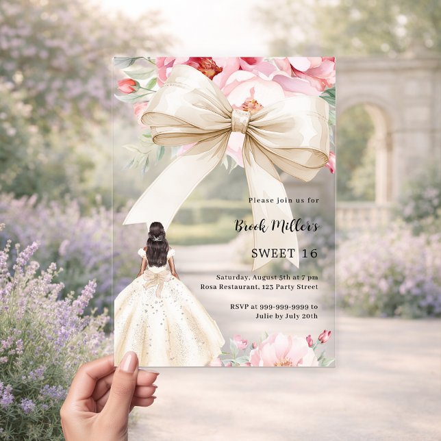 Bow pink florals dress cream clear Sweet 16 Acrylic Invitations (Creator Uploaded)