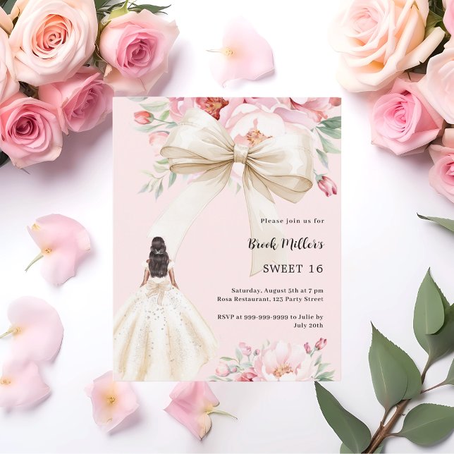 Bow pink florals dress cream Sweet 16 invitation (Creator Uploaded)