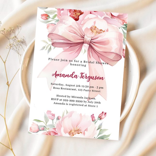 Bow pink florals elegant  Bridal Shower Invitation (Creator Uploaded)