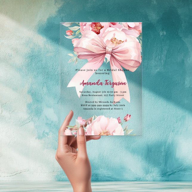 Bow pink florals elegant clear Bridal Shower Acrylic Invitations (Creator Uploaded)