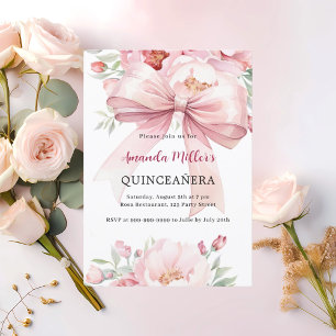 Bow pink florals Quinceanera Invitation