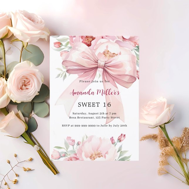 Bow pink florals Sweet 16 Invitation (Creator Uploaded)