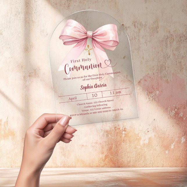 Bow pink girl arch luxury clear First Communion Acrylic Invitations (Creator Uploaded)