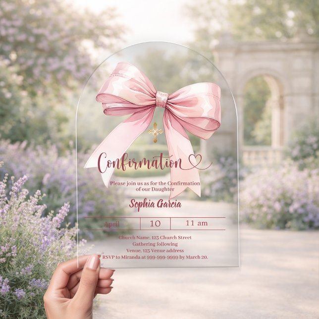 Bow pink girl clear luxury arch Confirmation Acrylic Invitations (Creator Uploaded)