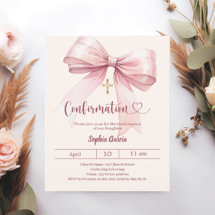 Bow pink girl cream Confirmation invitation
