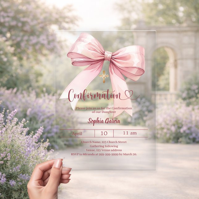 Bow pink girl elegant clear luxury Confirmation Acrylic Invitations (Creator Uploaded)