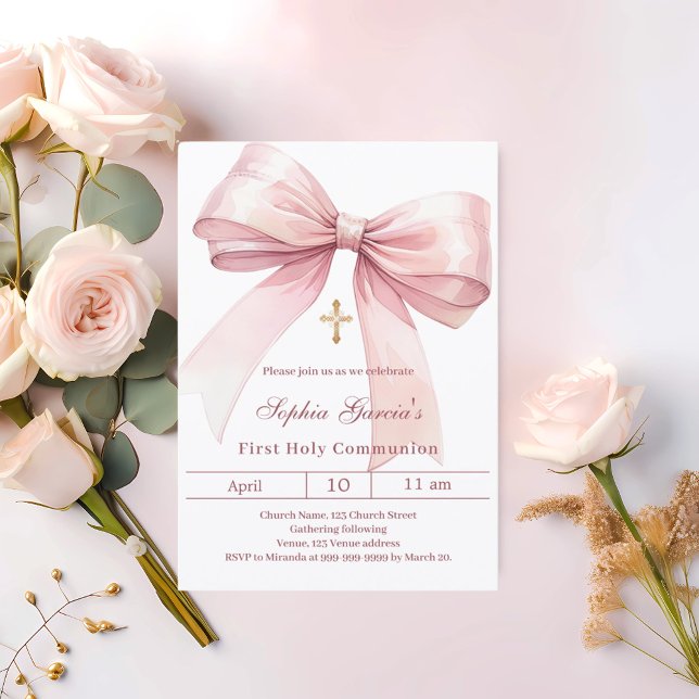 Bow pink girl First Communion Invitation (Creator Uploaded)
