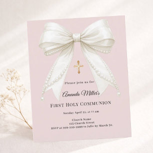 Bow pink ivory pearls First Communion invitation