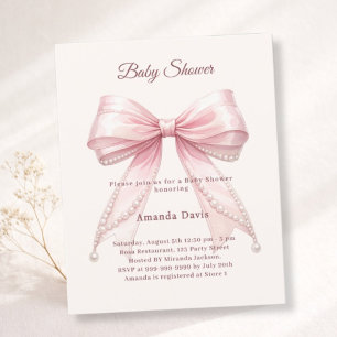 Bow pink ivory pearls girl Baby Shower invitation
