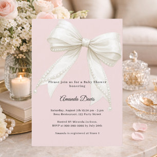 Bow pink ivory pearls girl Baby Shower Invitation