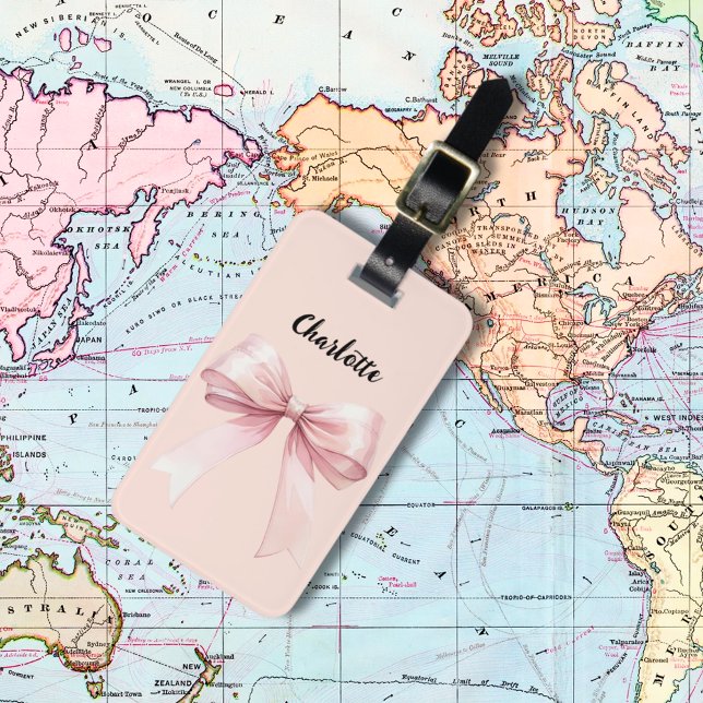 Bow pink name script luggage tag (Creator Uploaded)