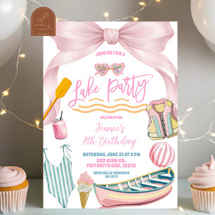 Bow Pink pastel girl Lake party birthday Invitation