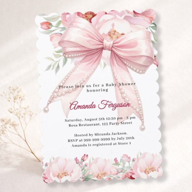 Bow pink pearls florals girl elegant Baby Shower Invitation (Creator Uploaded)