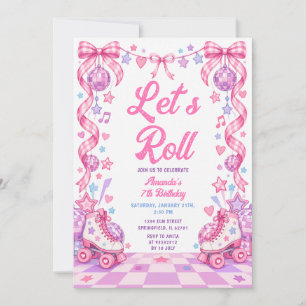 Bow Pink Purple Let’s Roll Roller Skating Birthday Invitation
