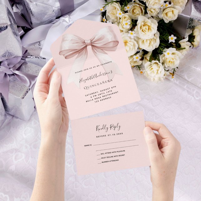 Bow pink rose gold Quinceanera rsvp All In One Invitation (Creator Uploaded)
