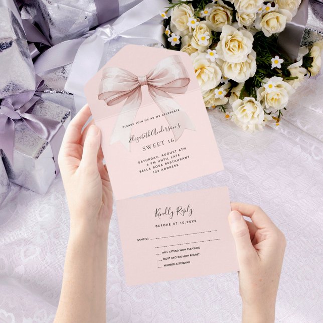 Bow pink rose gold Sweet 16 rsvp All In One Invitation (Creator Uploaded)