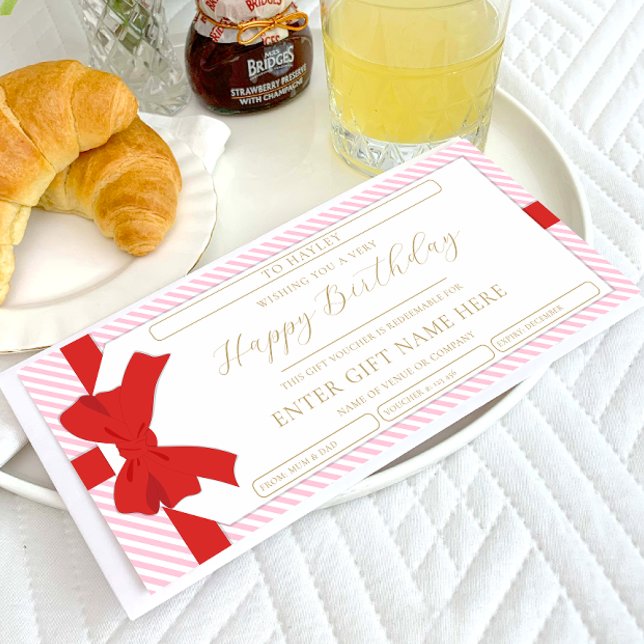 Bow Pink Stripe Happy Birthday Gift Voucher Card (Creator Uploaded)
