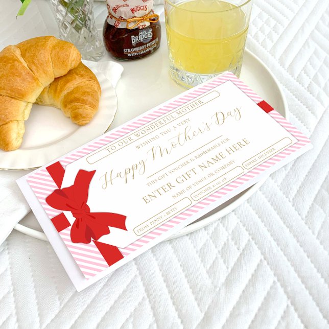 Bow Pink Stripe Mother's Day Gift Voucher Card (Creator Uploaded)