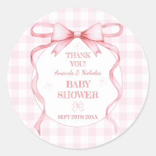 Bow Pink Watercolor Vintage Gingham Thank You Classic Round Sticker