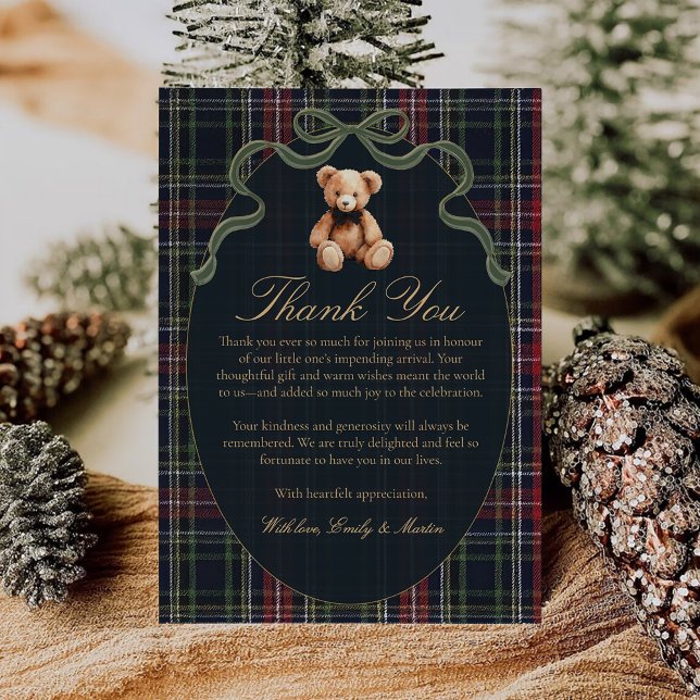 Bow Plaid Teddy Bear Baby Shower Thank You Card (Creator Uploaded)