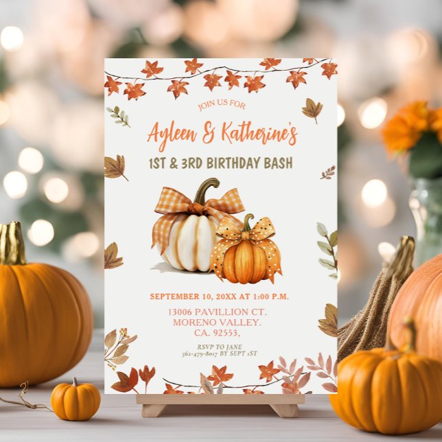 Bow Pumpkin Joint Birthday Siblings Autumn Party  Invitation (Creator Uploaded)