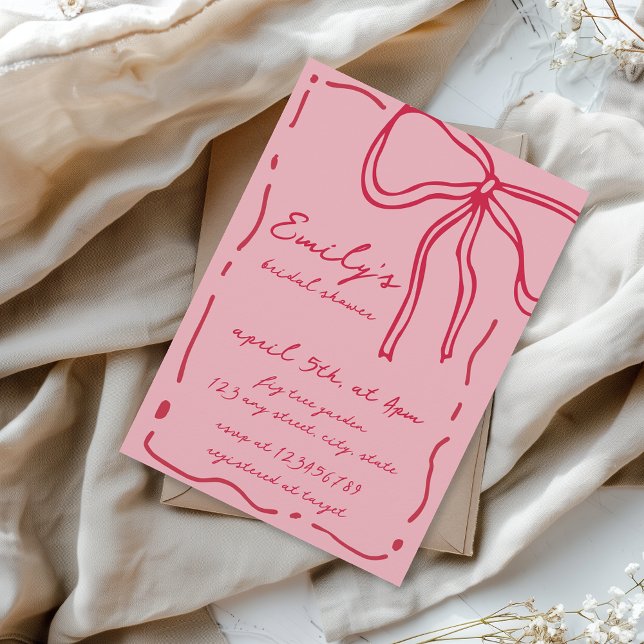 Bow Quirky Hand Drawn Red Pink Bridal Shower Invitation (Bow Preppy Coquette Pink and Red Quirky Bridal Shower Invitation)