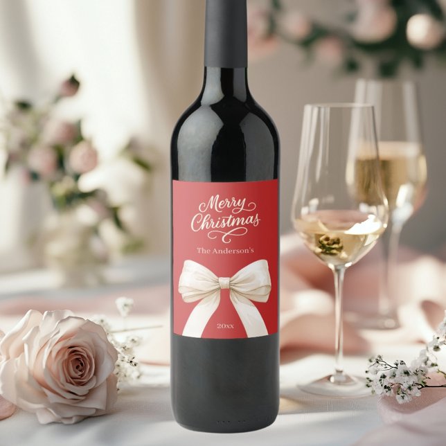 Bow red cream script Christmas Wine Label (Creator Uploaded)