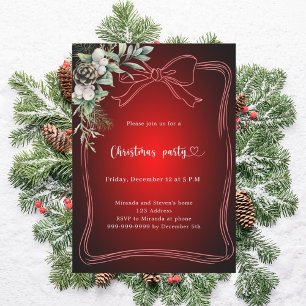 Bow red pine greenery Christmas Party Invitation