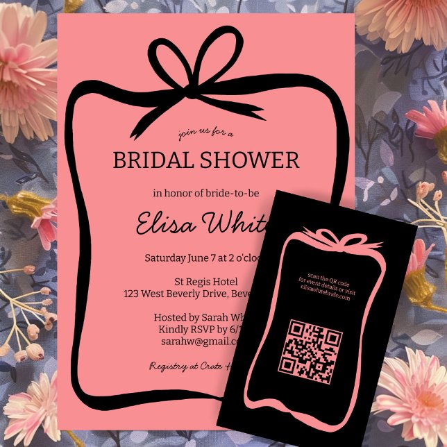 Bow Ribbon Frame Elegant Bridal Shower CUSTOM  Invitation (Bow Ribbon Frame Elegant Bridal Shower CUSTOM Invitation Pink BLack )