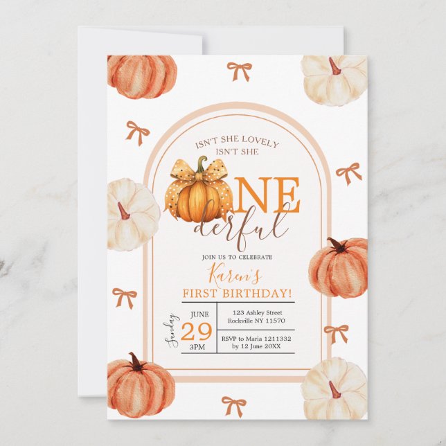 Bow Ribbon Isn't She Onederful Pumpkin Gingham Invitation (Front)