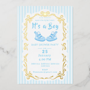 Bow Ribbon Its a Boy Baby Shoe Blue Invitation