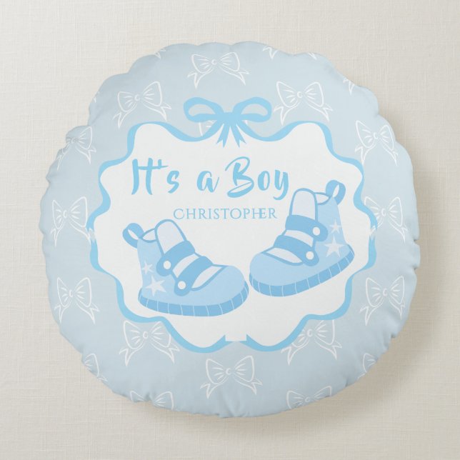 Bow Ribbon Its a Boy Round Cushion (Front)