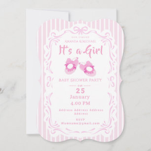 Bow Ribbon Its a Girl Baby Shoe Pink Invitation