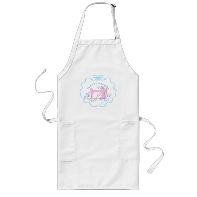 Bow Ribbon Sewing Blue White Long Apron (Front)