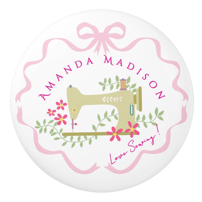 Bow Ribbon Sewing  Pink White Ceramic Knob (Front)