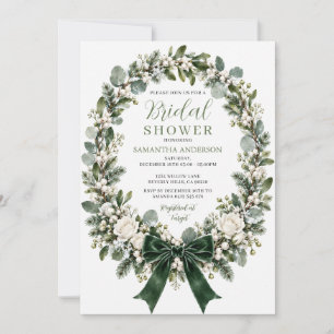 Bow Ribbon Winter Greenery Wreath Bridal Shower Invitation