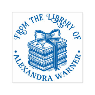 Bow Ribbon Wrapped Stack of Books Library Name Self-inking Stamp