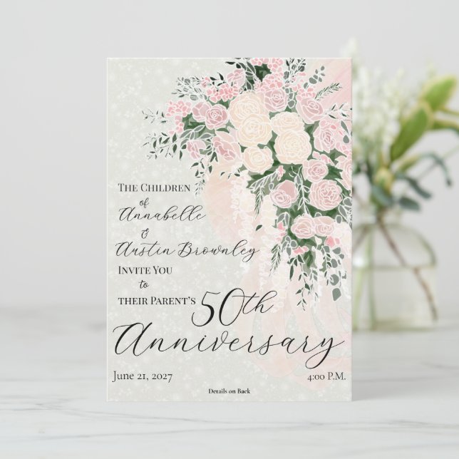 Bow Rose Wisteria Cascade Bouquet Anniversary  Invitation (Standing Front)